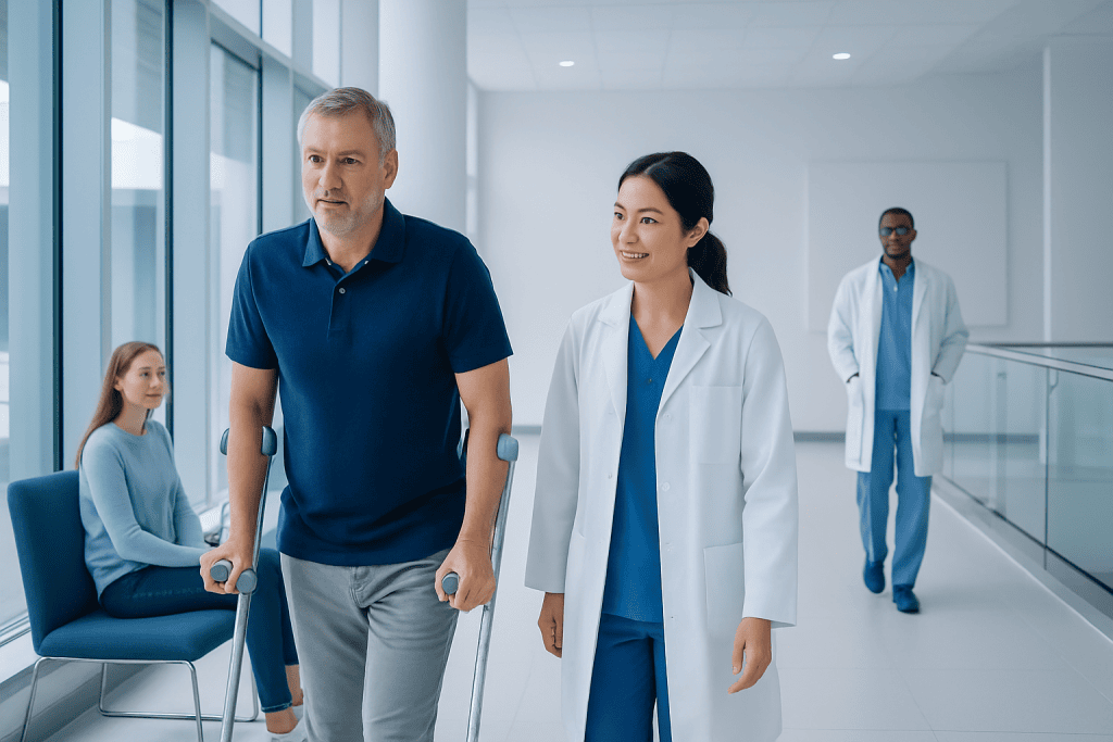 Orthopedic Surgery Success Rates: What Results Are Realistic? 1 Patient walking with crutches in hospital corridor with medical staff nearby.