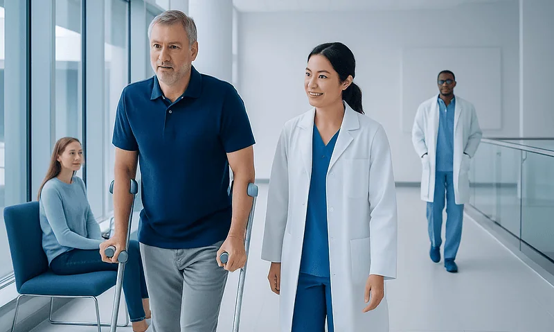 Patient walking with crutches in hospital corridor with medical staff nearby.