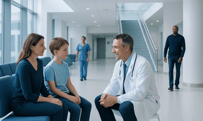 Doctor talking to young girl and mother in hospital lobby.