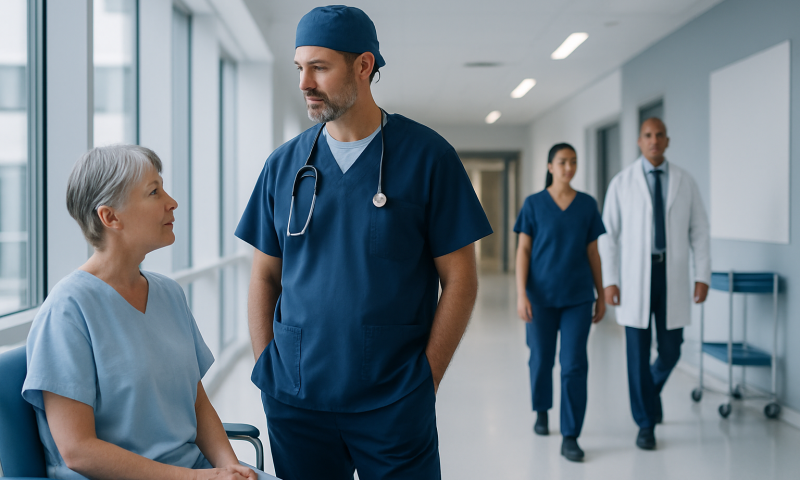 Surgery for Cancer: When It Is Used and What Recovery May Involve 13 Medical team consulting a patient in hospital corridor.