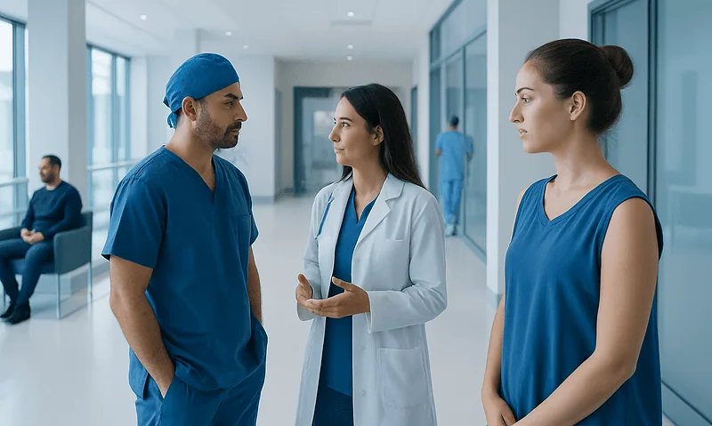 Medical team discussing patient care in hospital corridor.