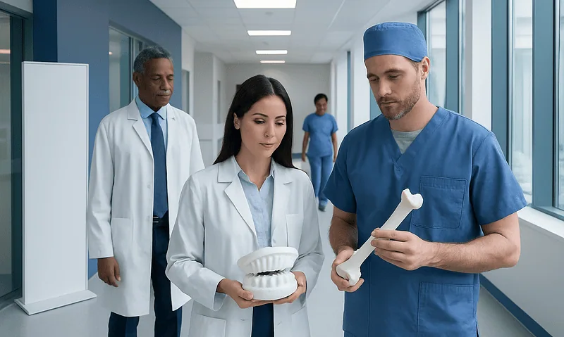 Medical professionals discussing orthopedic surgical guides in hospital corridor.