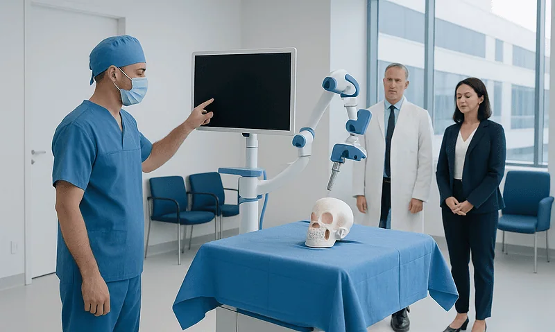 Surgical Navigation Systems: How Real-Time Guidance Improves Precision 8 Surgeon demonstrating surgical navigation system with medical staff observing.