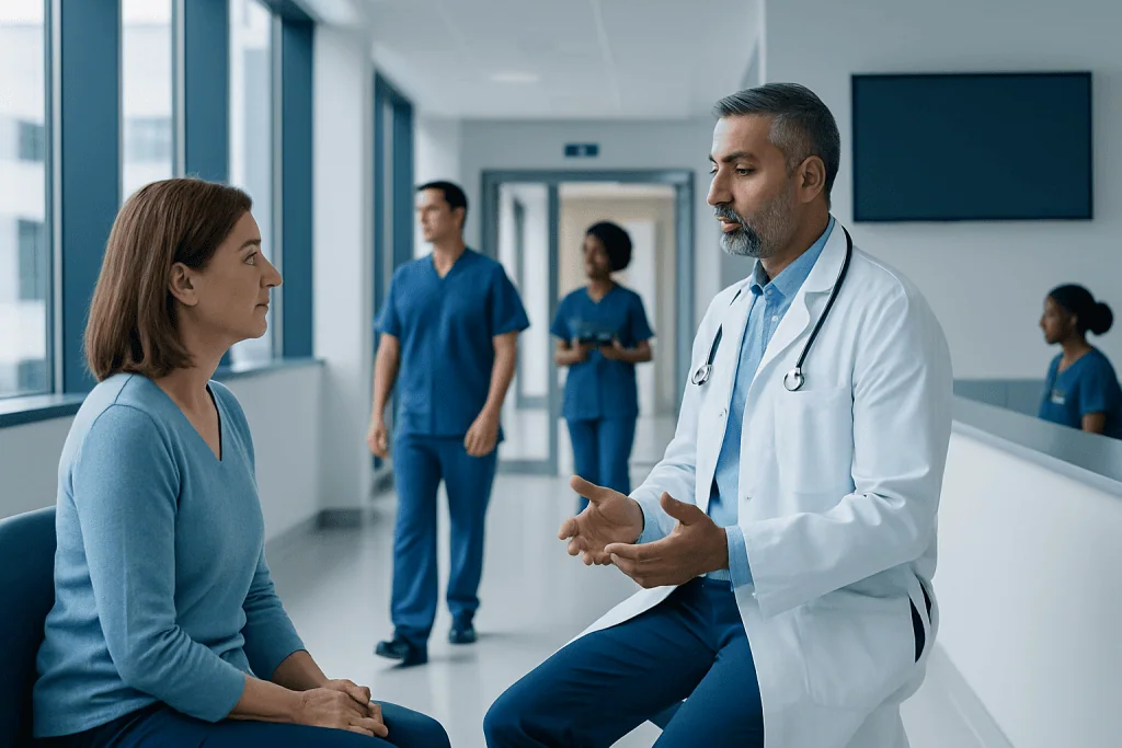 Surgical Oncology: When Cancer Surgery Is Used and What Recovery Involves 1 Doctor consulting with a patient in a hospital corridor.