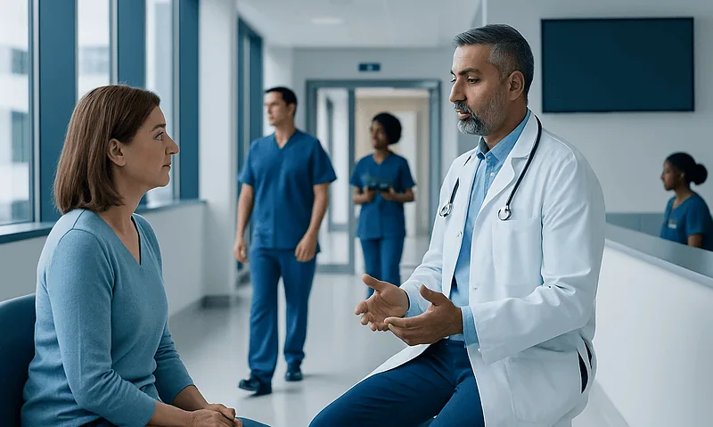 Doctor consulting with a patient in a hospital corridor.
