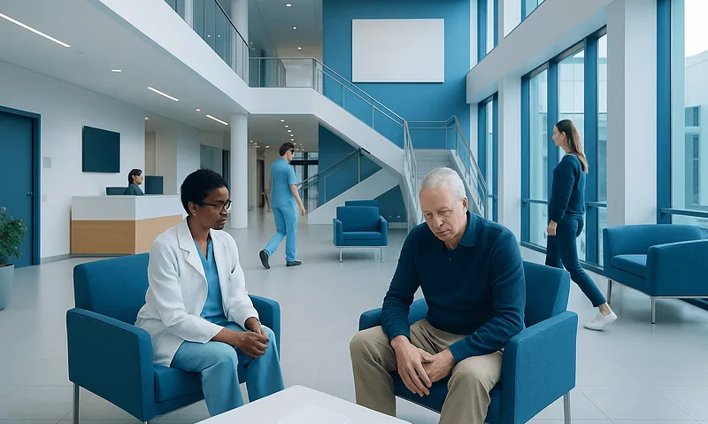When Swollen Joints Need Urgent Medical Attention 16 Patient consulting with doctor in modern hospital lobby.