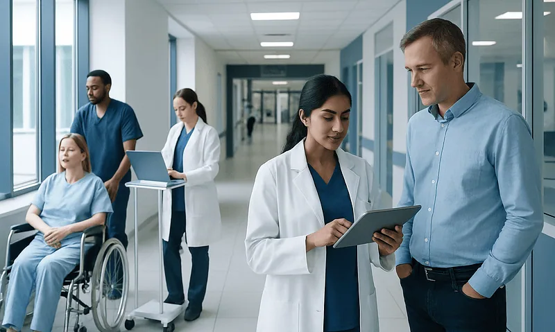 What Is Technology in Healthcare? A Clear Guide for Patients 15 Healthcare professionals discussing patient care in hospital corridor.