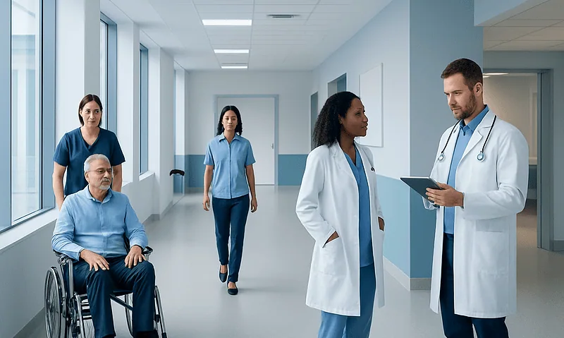Medical team discussing patient care in a modern hospital corridor.