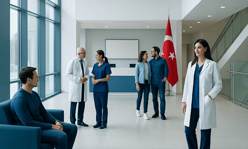 Medical professionals and patient in modern hospital lobby with Turkish flag.