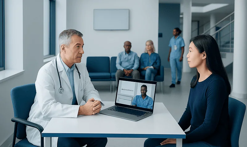 Doctor consulting with patient via telemedicine in a hospital setting.