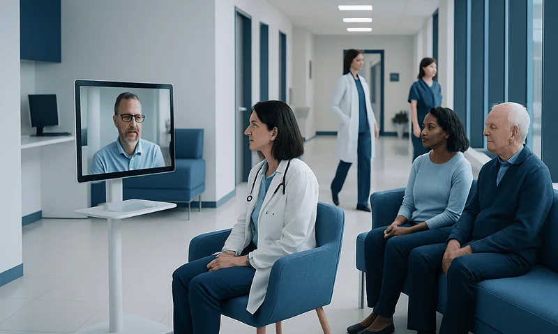 Patients and doctor engaging in telemedicine consultation in hospital corridor.