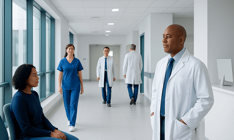 Medical professionals and a patient in a hospital corridor at Acibadem Hospitals Group.