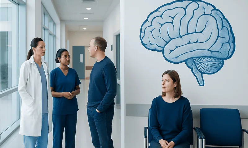 Brain Parts and Functions: A Visual Guide for Patients 8 Medical professionals discussing patient care in hospital corridor with brain diagram.