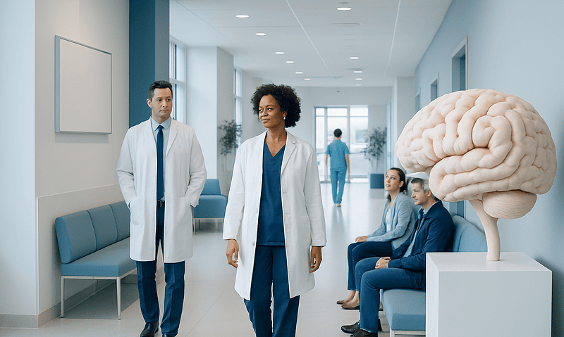 Medical professionals in a hospital corridor with a large brain model.