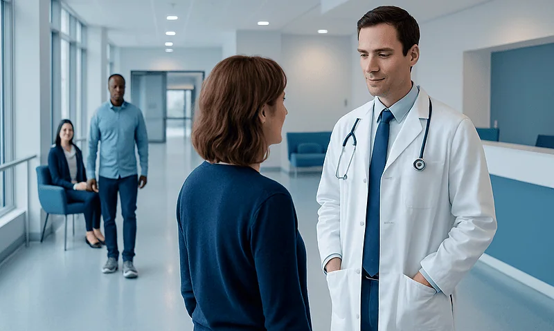 Doctor talking to a patient in a hospital corridor at Acibadem Hospitals Group.