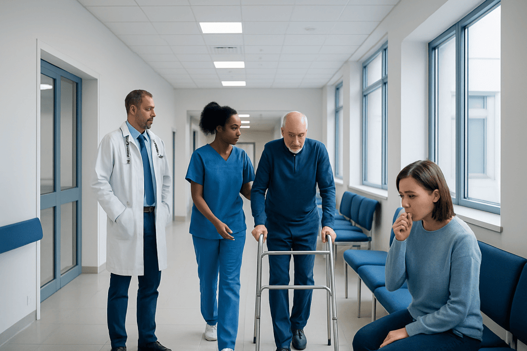 Chain of Infection: How Diseases Spread and How to Break It 1 Hospital corridor with medical staff and a patient using a walker.