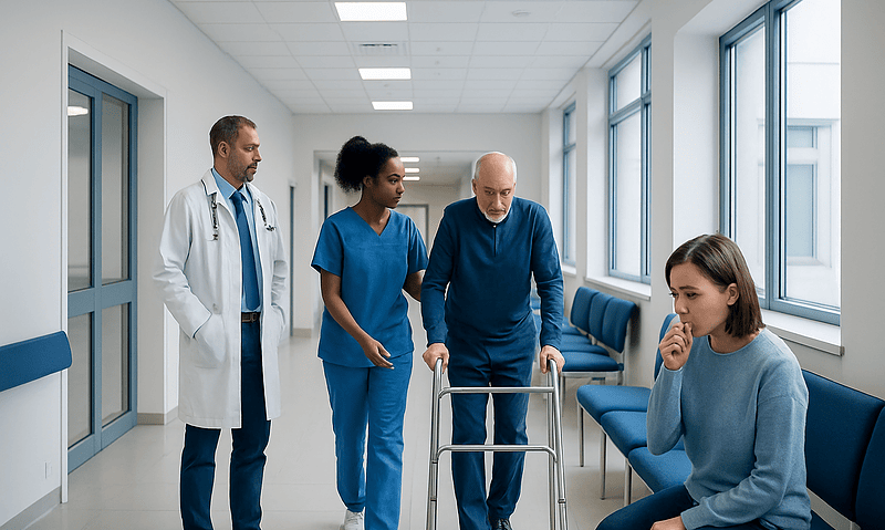 Hospital corridor with medical staff and a patient using a walker.