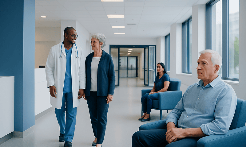 Coronary Bypass Surgery vs Medication Alone: When CABG May Offer Better Protection 16 Medical team consulting with elderly patient in hospital corridor.