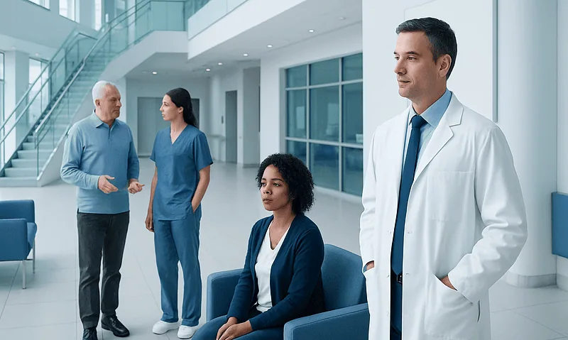Coronary Bypass vs Medical Therapy: When Surgery Offers Better Protection 8 Medical team in hospital lobby with doctor and patients.