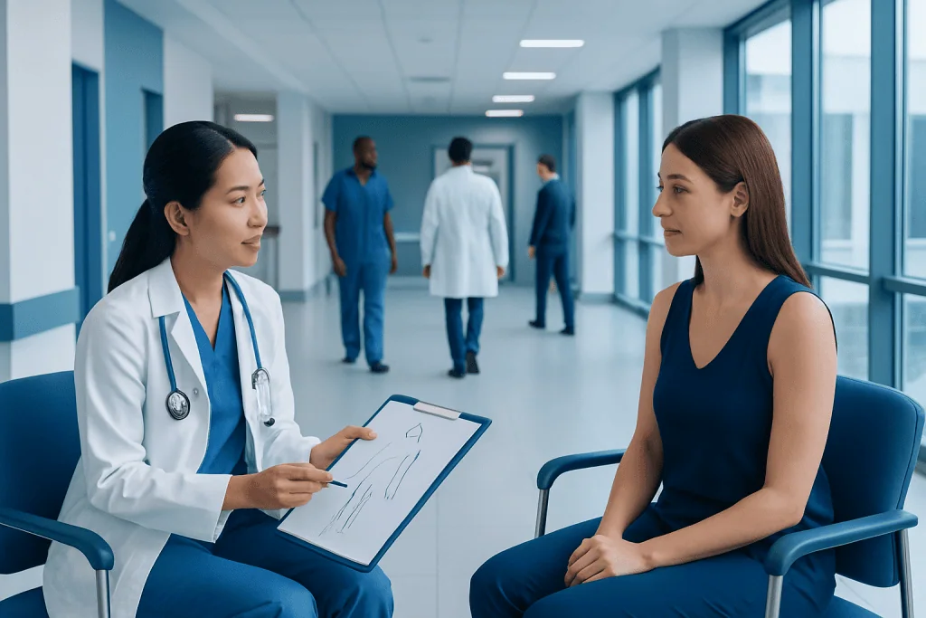 What Is the Cosmetic Surgery Process Step by Step? 1 Doctor consulting patient in hospital corridor for cosmetic surgery.