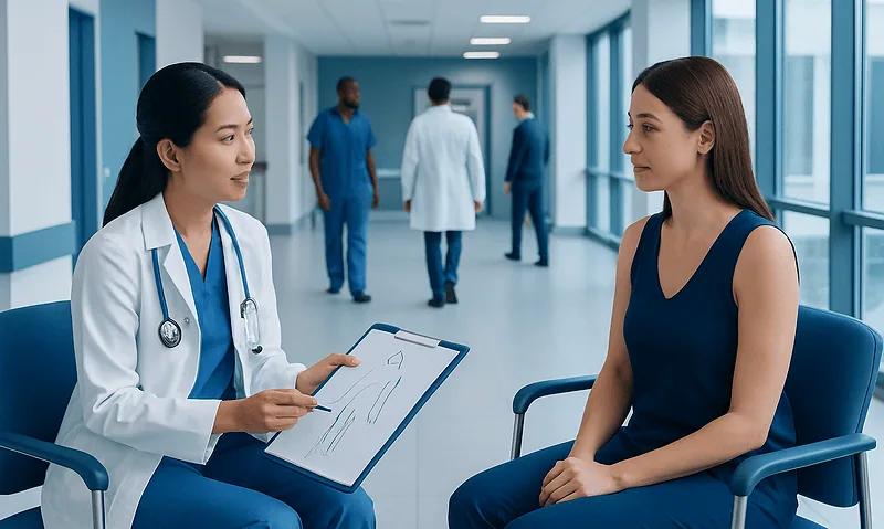 Doctor consulting patient in hospital corridor for cosmetic surgery.