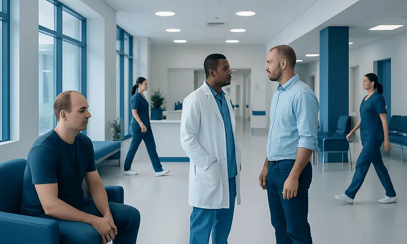 Medical consultation in a modern hospital with doctors and patients.