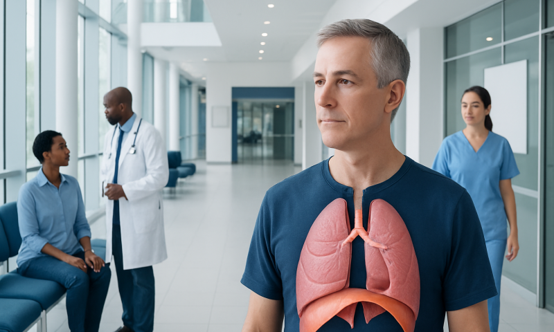 Medical professional with lung anatomy model in hospital corridor.