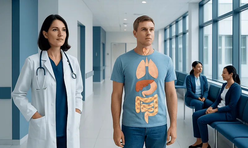 Medical professional and patient discussing endocrine system in hospital corridor.