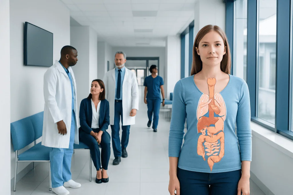 What Is the Endocrine System? Glands, Hormones, and Their Role in Health 1 Young woman with digestive system illustration in hospital corridor.