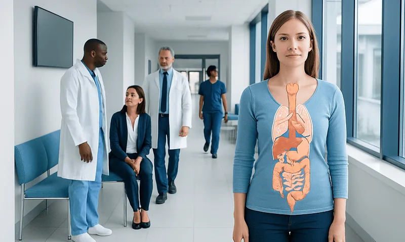Young woman with digestive system illustration in hospital corridor.