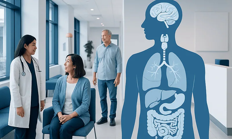 Doctor explaining endocrine system to patient in hospital setting.