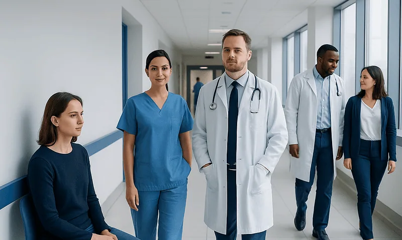 Medical team in hospital corridor discussing patient care.