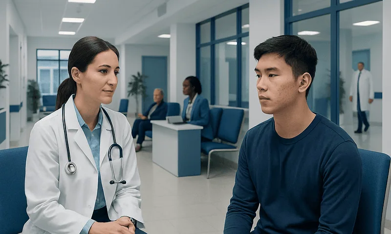 Health Library 11 Doctor consulting a patient in a modern hospital waiting area.