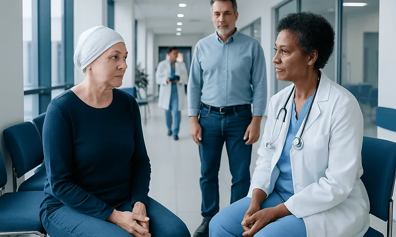 What Happens at Your First Oncology Appointment? Step-by-Step Guide 7 Patient consulting with oncologist in hospital corridor.