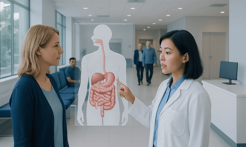Doctor explaining digestive system to patient in hospital setting.