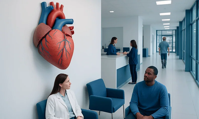 Medical consultation in a modern hospital with a heart model display.