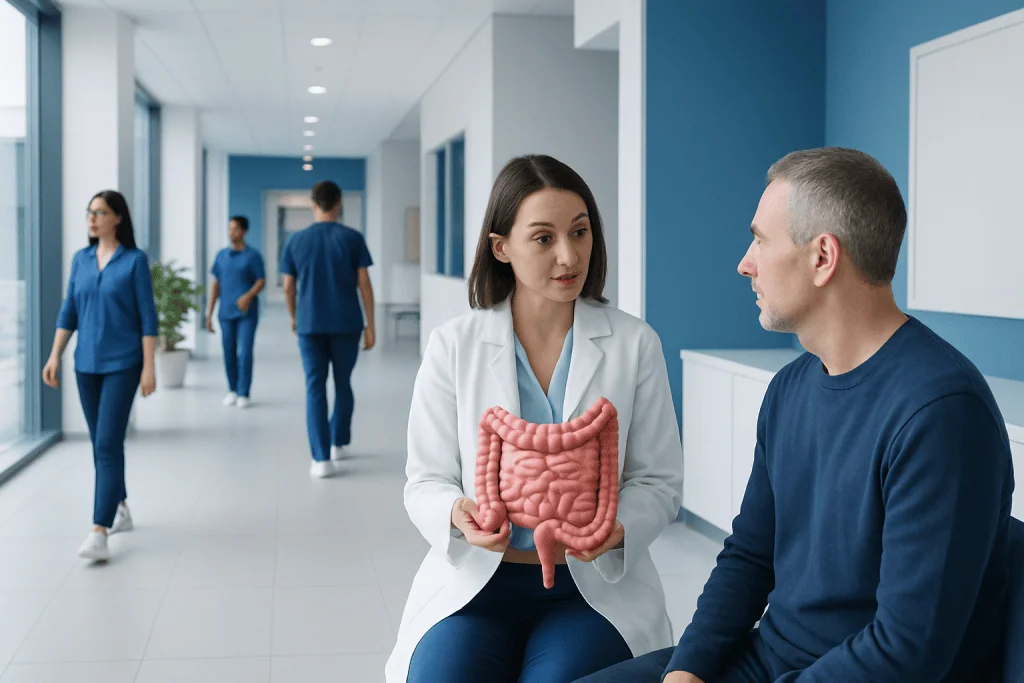 Intestines Explained: Small vs Large Bowel and What They Do 1 Doctor explaining intestines to patient in hospital corridor.