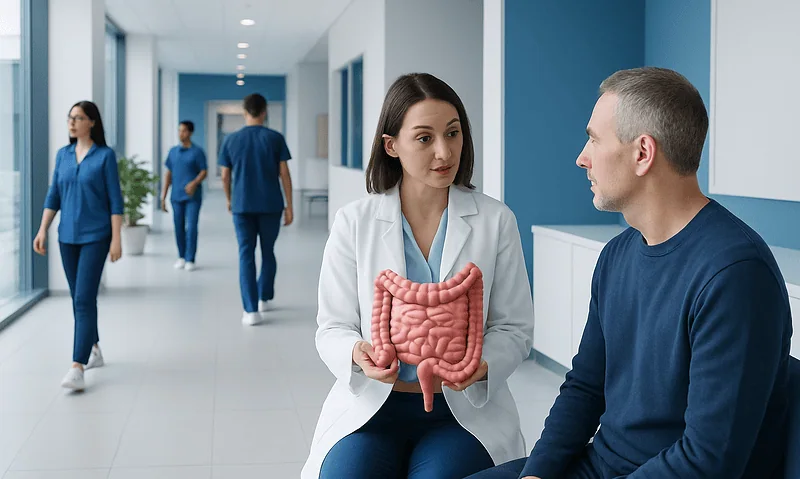 Doctor explaining intestines to patient in hospital corridor.