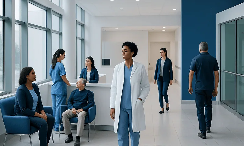 Healthcare professionals and patients in a modern hospital waiting area.