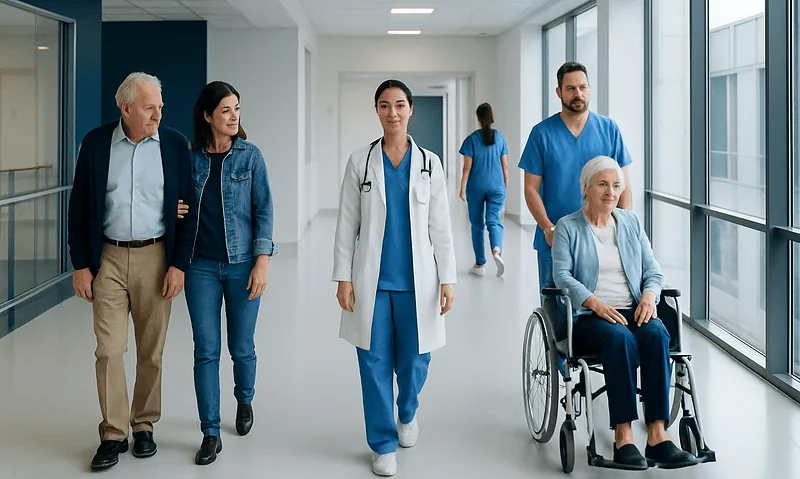 Health Library 1 Healthcare professionals and a patient in a hospital corridor.