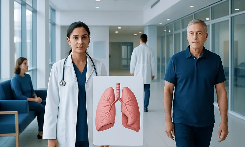 Doctor holding lung health diagram with patient in hospital corridor.