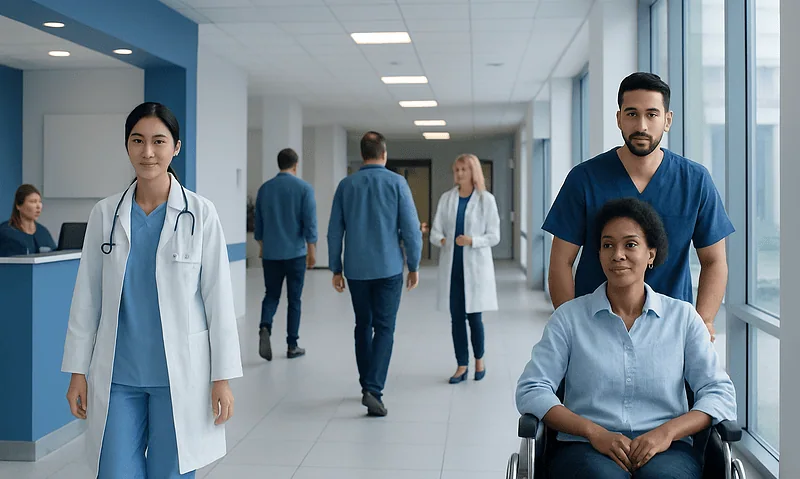 Diverse healthcare professionals in a modern hospital corridor.