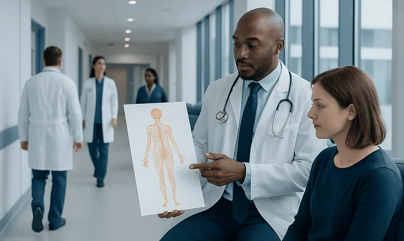 Doctor explaining nervous system diagram to a patient in hospital corridor.