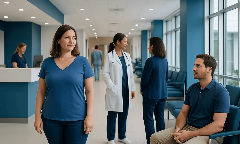 Patients and medical staff in a modern hospital waiting area.
