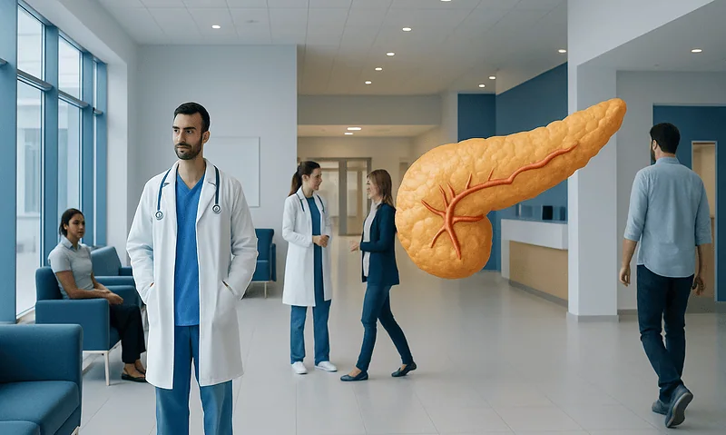 Medical staff and patients in a hospital with a pancreas illustration.