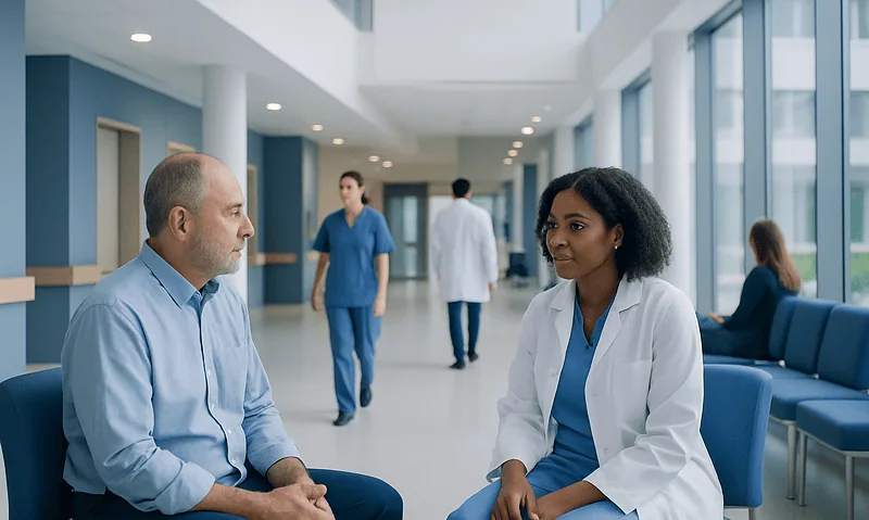 Doctor consulting with a male patient in a modern hospital corridor.