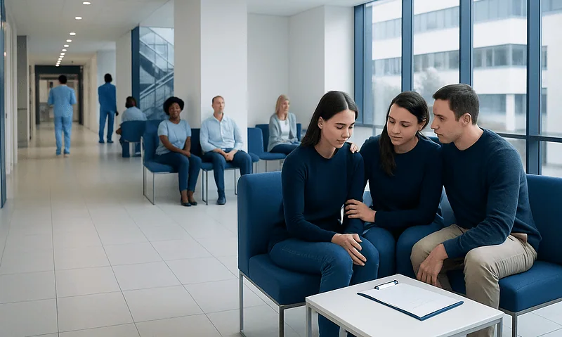 Patients waiting in a modern clinic with large windows and seating area.