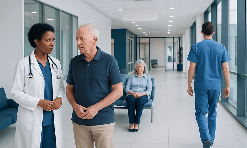 Medical staff and patient in a modern hospital corridor.