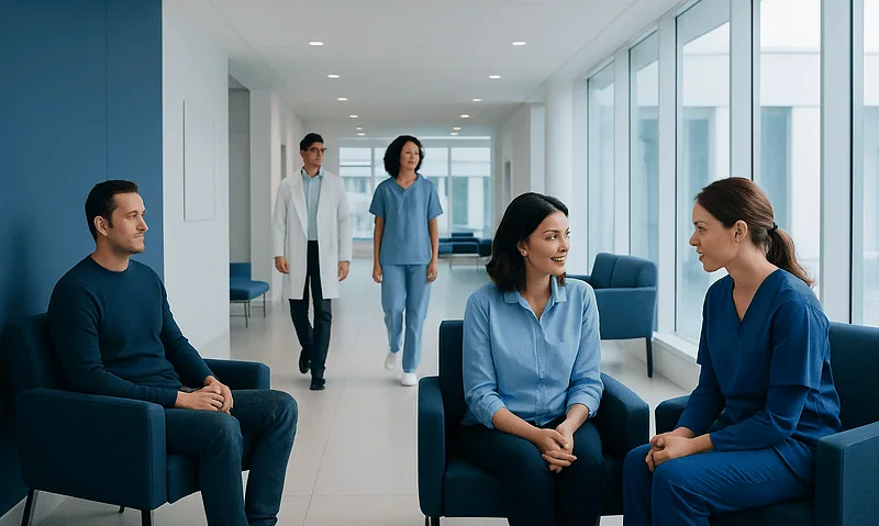 Medical professionals and patients in a hospital waiting area.
