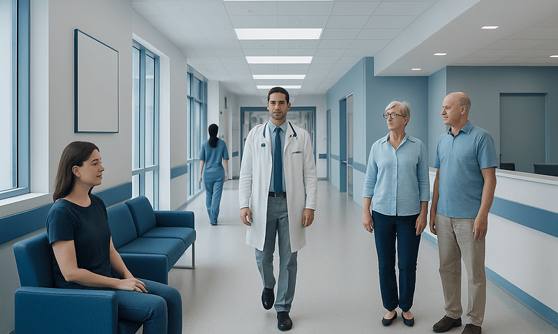 Healthcare professionals and patient in a modern hospital corridor.
